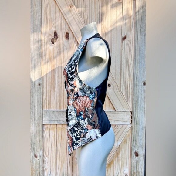 Vintage 90’s Facets by Mirrors Cat Kitten Collage Tapestry Cat Lady Vest~1X~USA - Picture 4 of 7